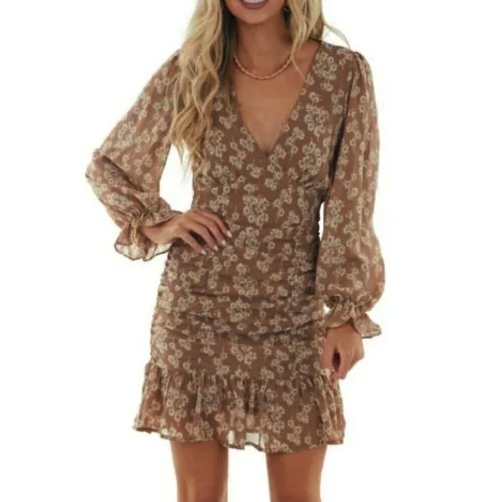 She + Sky Mocha Sofie Ruched Bubble Sleeve Dress